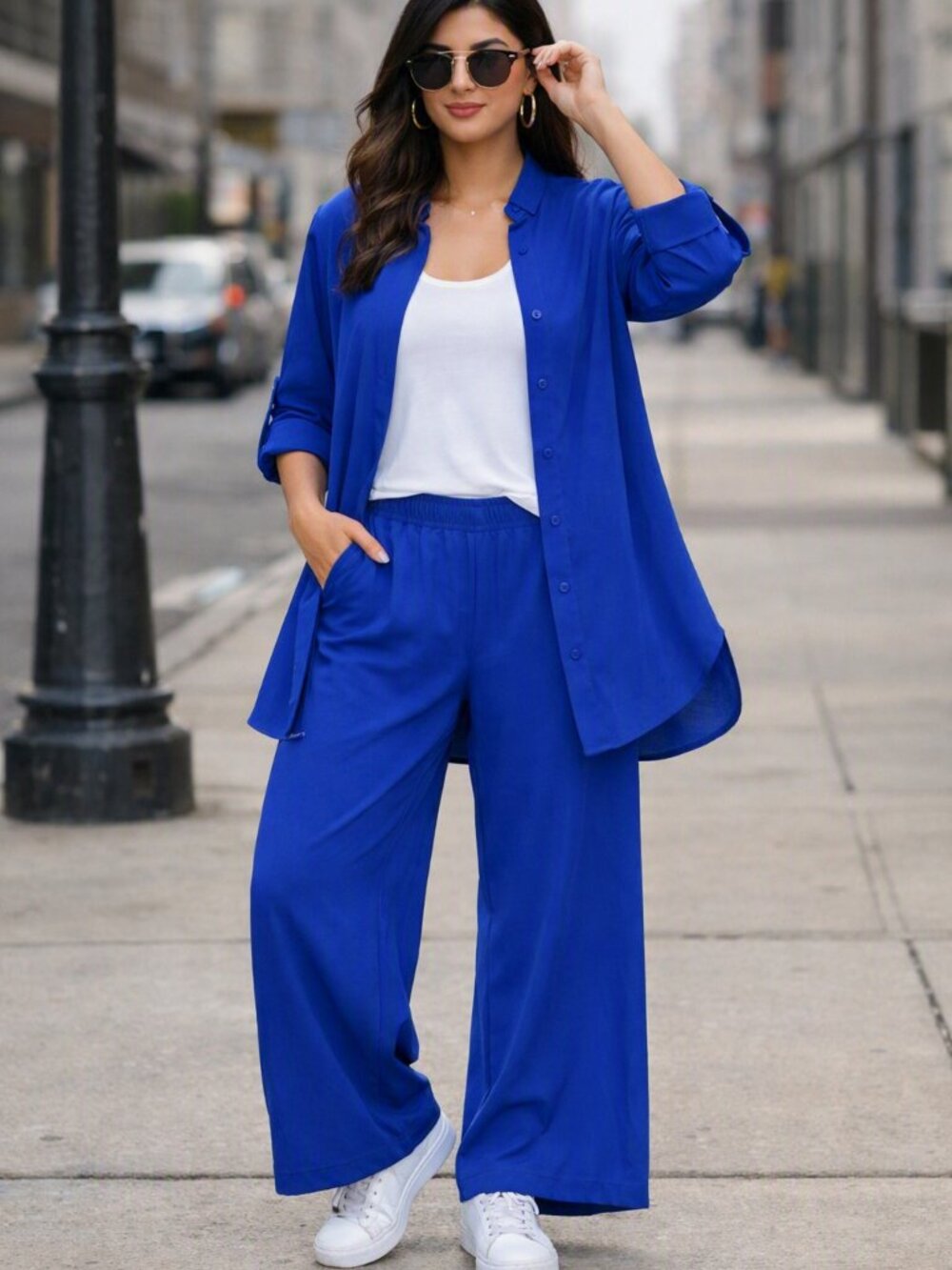 Royal Blue Two‑Piece Set | Tunic Top & Wide‑Leg Pants